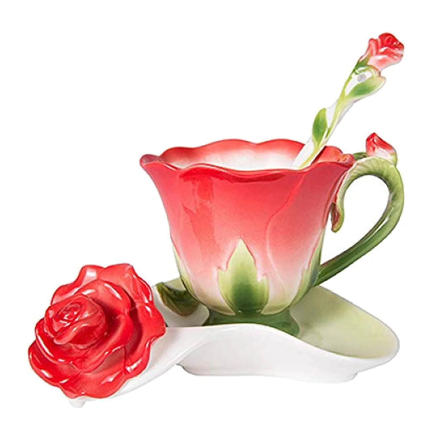 3D Rose Shape Flower Enamel Ceramic Coffee Tea Cup and Saucer Spoon Porcelain Cup Creative Valentine Gift-Red