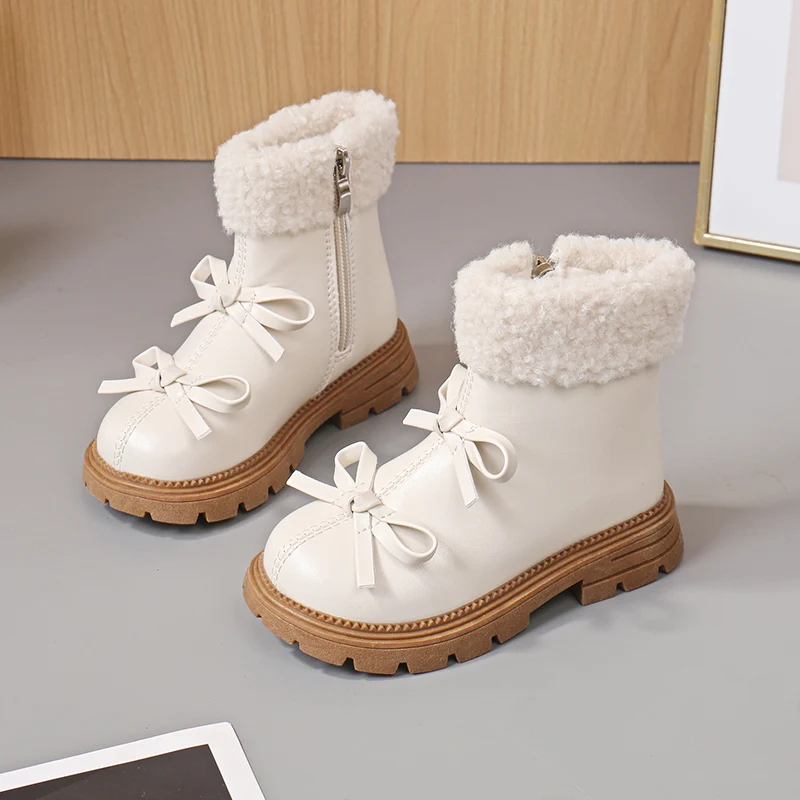 

Girls Boots for Winter Sweet Bowknot Warm Plush Children Fashion Princess Furry Cotton Boots Causal Kids Platform Ankle Boots