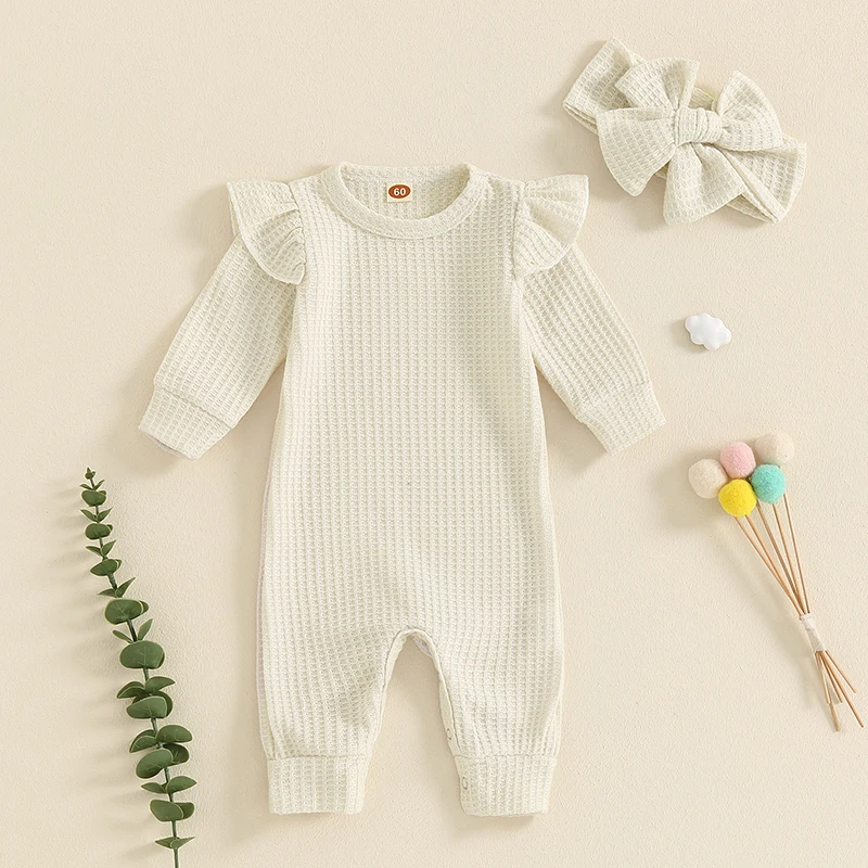 Baby Girl Clothes Waffle Romper Solid Long Sleeve Jumpsuit Bodysuit Preemie Newborn 3M 6M 12M 18M Baby Girl Outfit