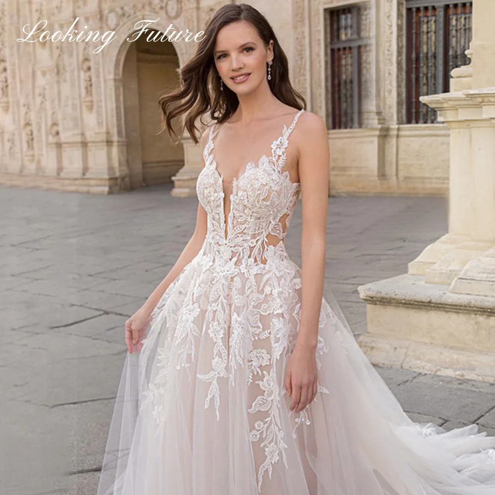 Vestido de novia de encaje con tirantes finos, traje de tul, línea A, tren de barrido, Espalda descubierta, hecho a medida, bohemio