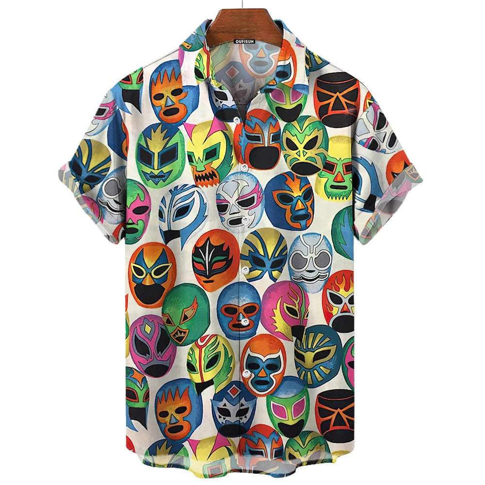 Camisa con estampado de máscara 3d para hombre, camisa de manga corta de lucha libre, informal, hawaiana, ropa suelta, lucha libre Mexicana