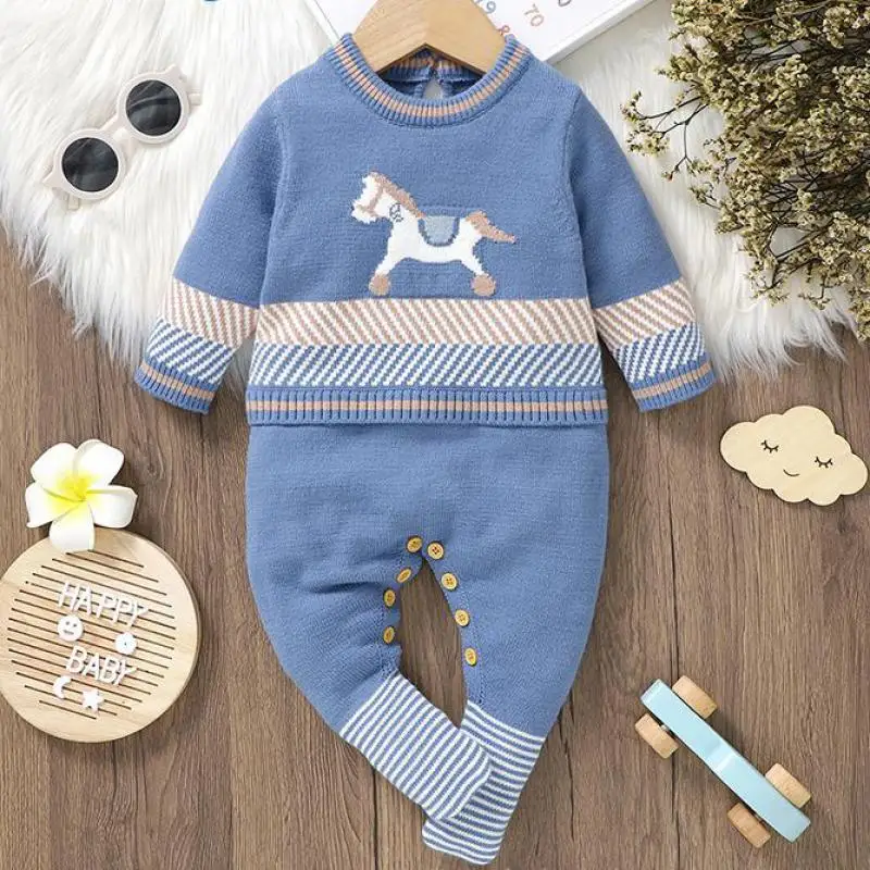 

Autumn Knitwear Baby Clothes Newborn Knitted Cartoon Horse Long Sleeve Romper Fashion Boy Girl Knit Jumpsut Kid Casual One-piece