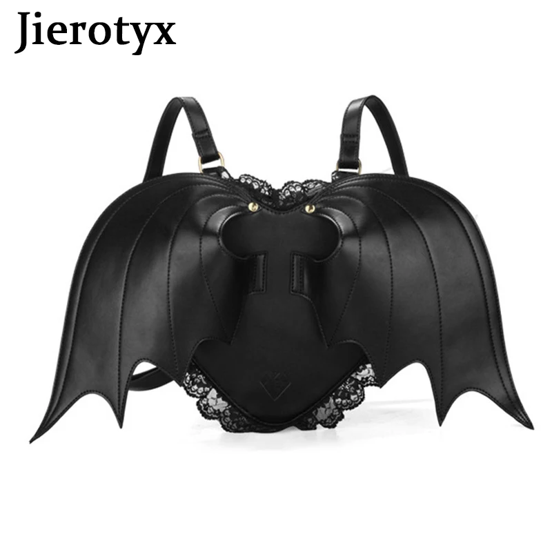 JIEROTYX Gothic Bat Wing Women Backpack Bag Black Punk Stylish School Bags for Girl Angel Wings Cute Little Devil Package