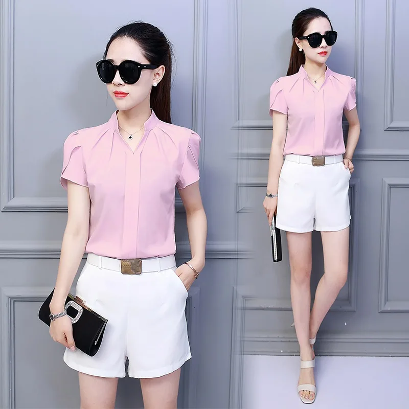 Elegant Female Shirt Short Puff Sleeve Fashion Leisure Chiffon Blouse Tops Chic Sexy V-Neck Loose Shirts Workwear Summer