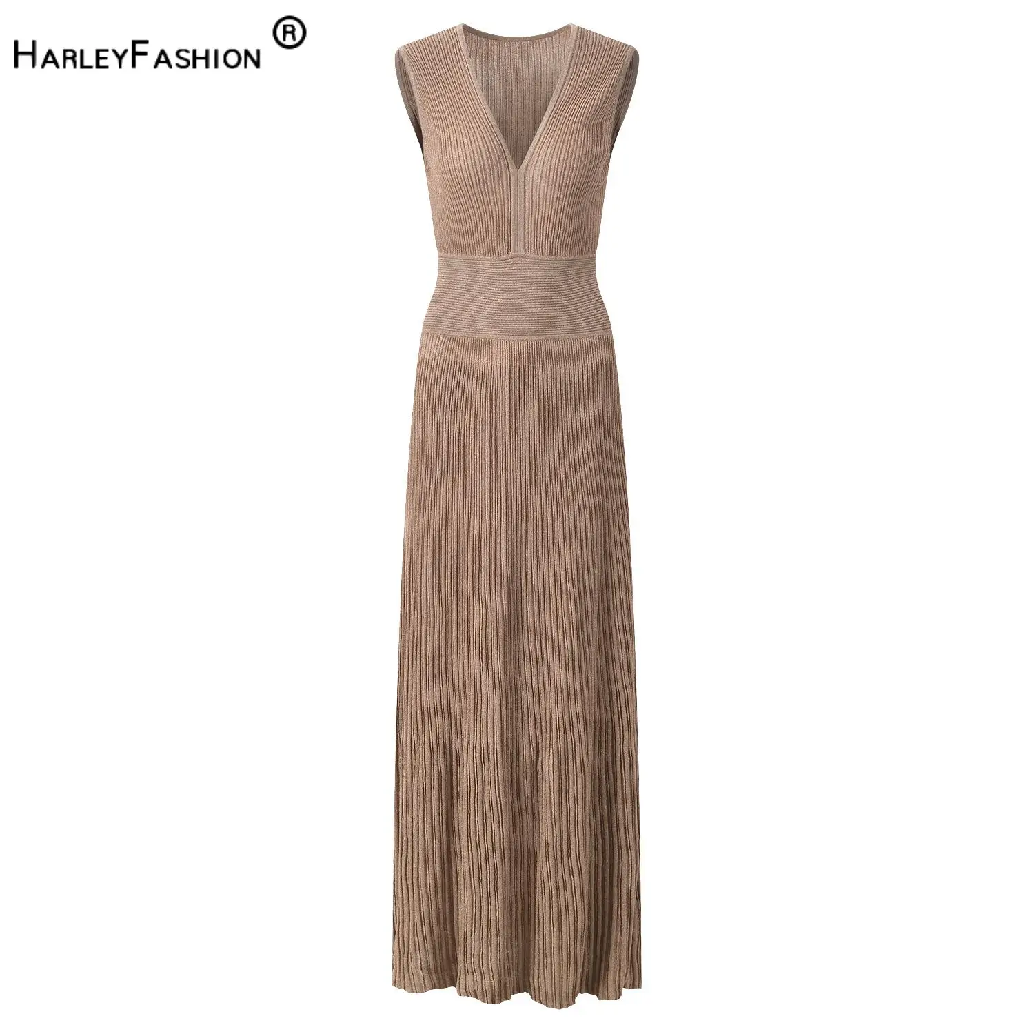 2026 Lady Summer Elegant Style Sexy Deep V-neck Sleeveless Wear High Waist Solid Knits A-line Long Dress