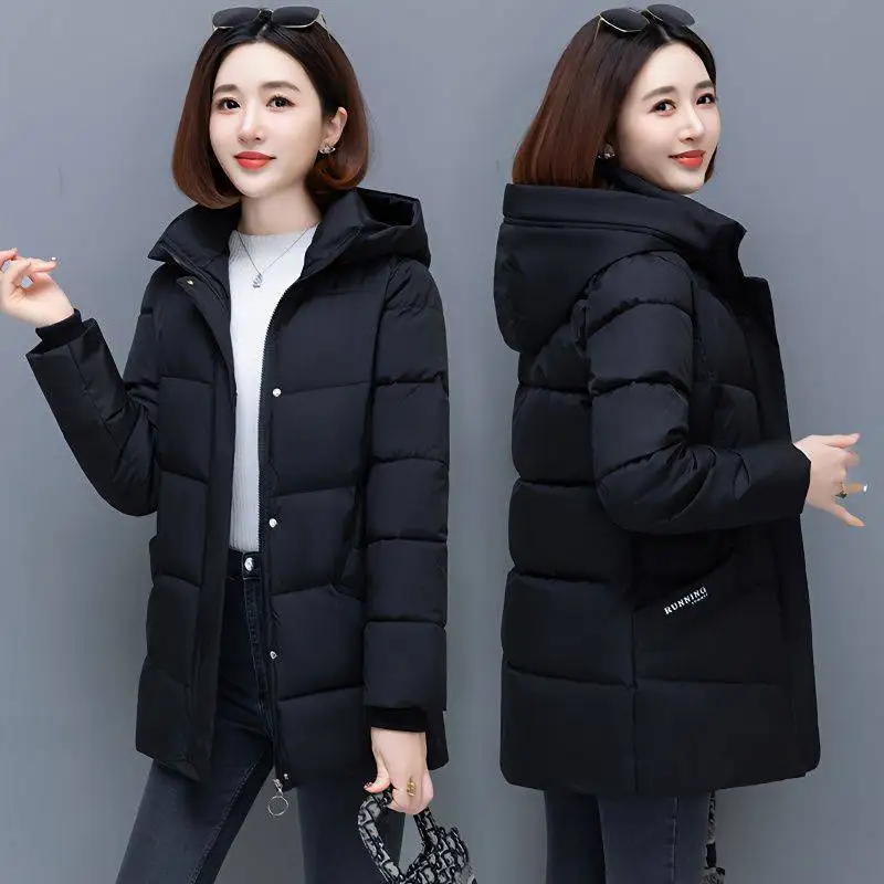 New Snow Wear Hooded Mid Length Down Cotton Coat Women\'s Loose Thickened Warm Parkas Middle Aged Mother Winter Wadded Jacket