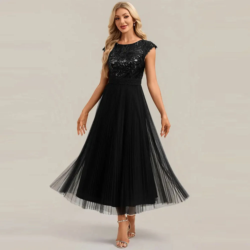 

BAZIIINGAAA Evening Dress Short Sleeve Cap Sequin Round Neck Elegant Sunray Pleats A-Line Tea Length Evening Dresses