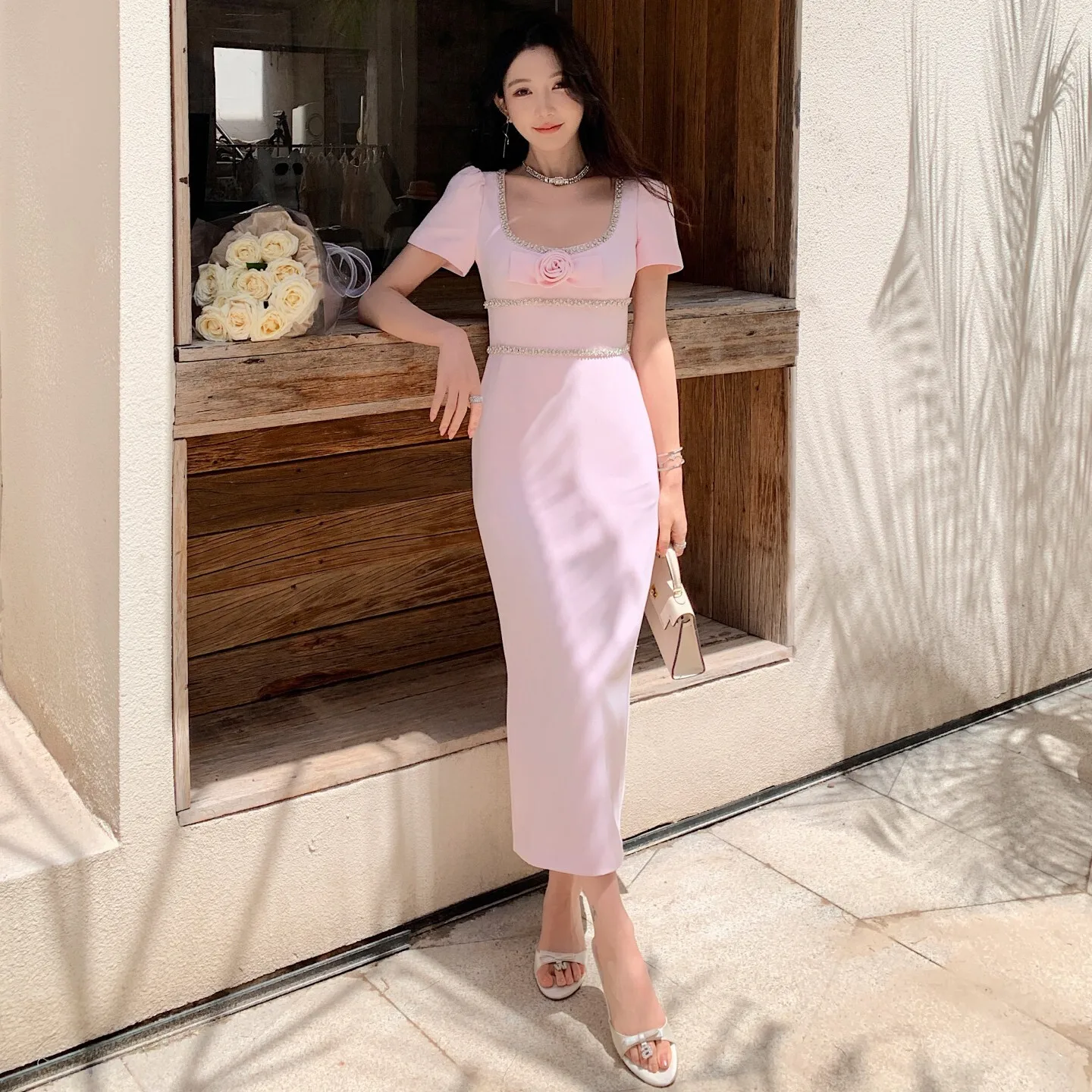 

Crystal Formal Luxury Evening Dress Women Brand Designer Summer Short Sleeve 3D Flower Bead Chain Pencil Long Dresses Party