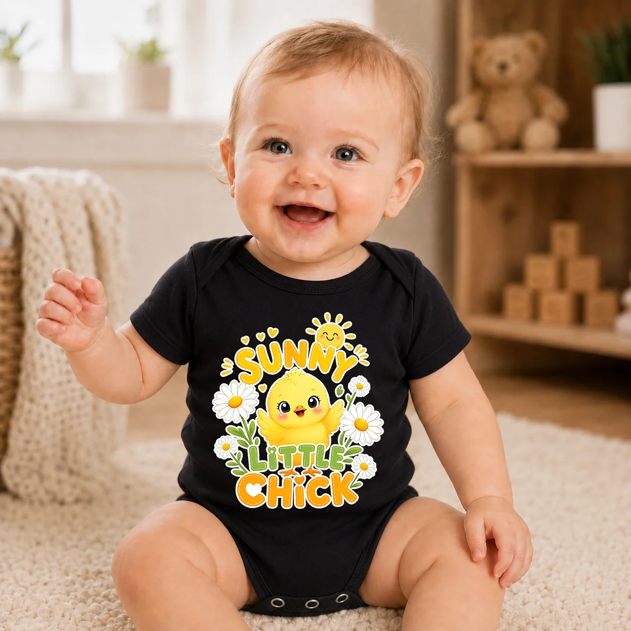 Sunny Little Chick Print Baby-Body, Sommer-Kurzarm-Strampler für Neugeborene, niedlicher Gänseblümchen-Sonnen-Cartoon, Unisex-Baby-Strampler für Jungen