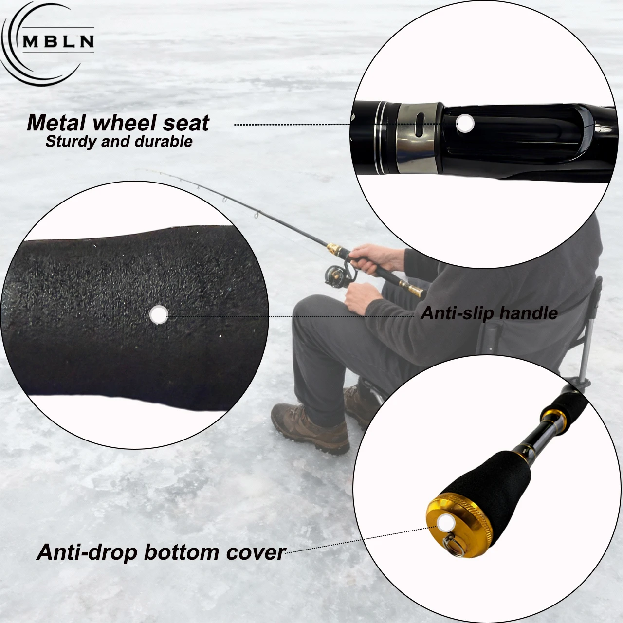 Caña de pesca en hielo de carbono – 2 secciones, guías metálicas - imagen 3