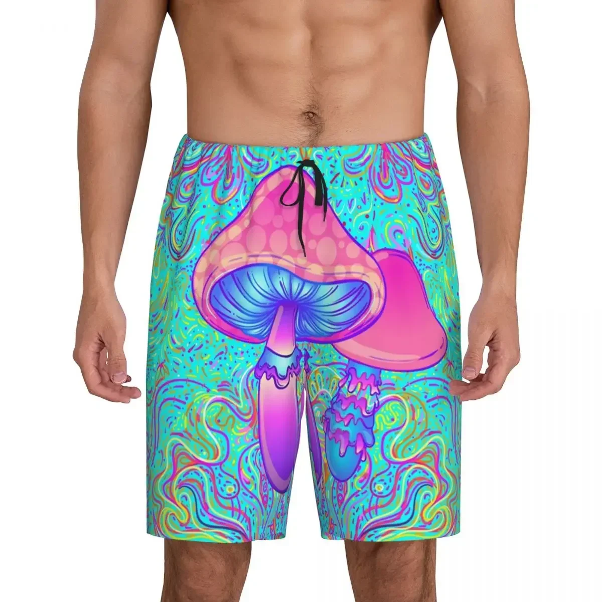 Custom Print Men's Magic Mushroom Trippy Psychedelic Neon Pastel Goth Pajama Shorts Sleep Pjs Sleepwear Bottoms with Pockets