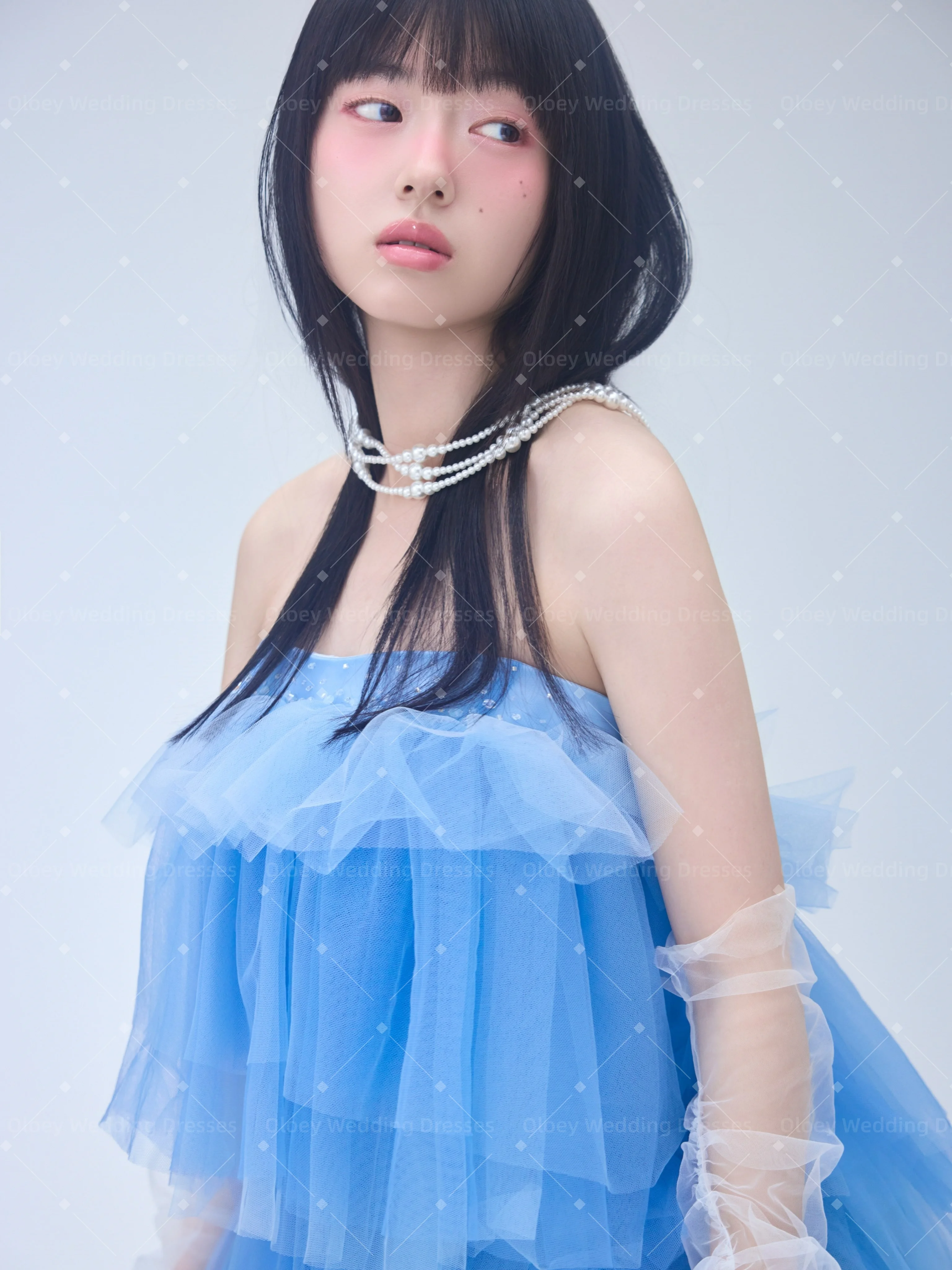 Oloey Customized 2027 Sky Blue Tulle Evening Dress Strapless Tiered Layered Flounce Ball Gown Long Prom Party Dress Custom