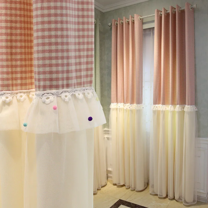 

Fresh Korean Pink Lattice Blackout Curtains for Girl's Bedroom Pastoral Splicing Lace Cortinas Princess Fairy Window Drapes