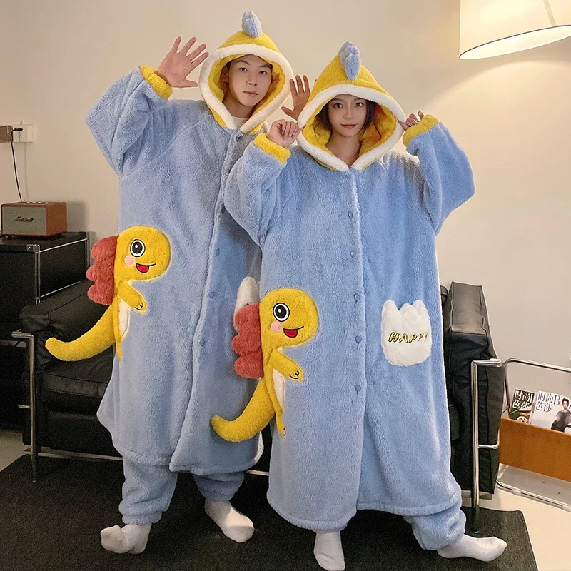 Lovely Dinosaur Winter Thick Warm Pajamas Robes For Women Men Hooded Sleepwear Lovers Nightgown Robe Cosplay Pijama Plush