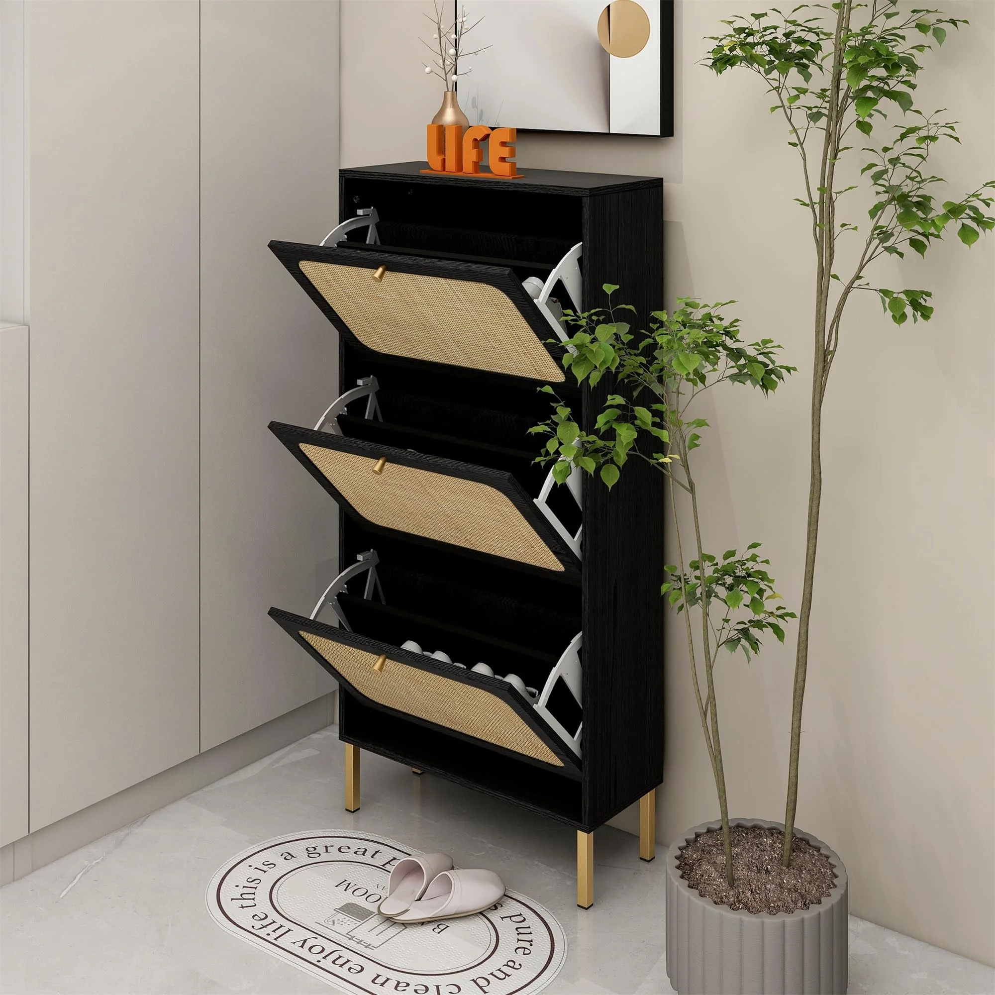 Extendable Wooden Rattan Shoe Rake Storage Cabinet for Home Kitchen Bathroom Entryway Living Room Mall Villa