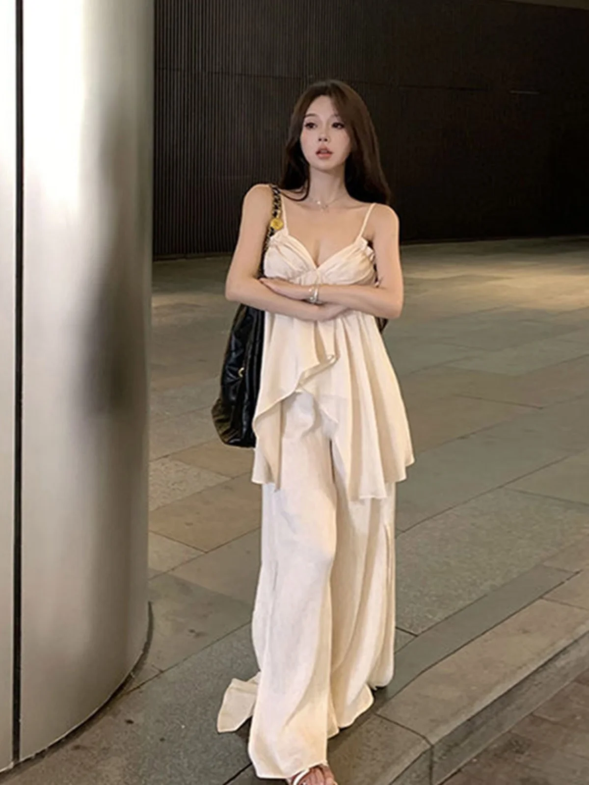 

Casual High Waist Wide Leg Pants Women's Pure Desire Asymmetrical Top Bottoms Set Fashionable Casual Long Pants