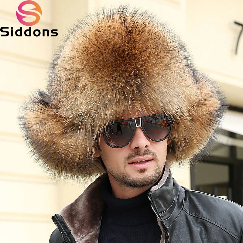 

Real Fur 100% Fox Skin Russian Businessmen Pilot Bombers Full Mao Men's hat Ushanka Winter Ear Guard Hat Raccoon Fur Beanie hat