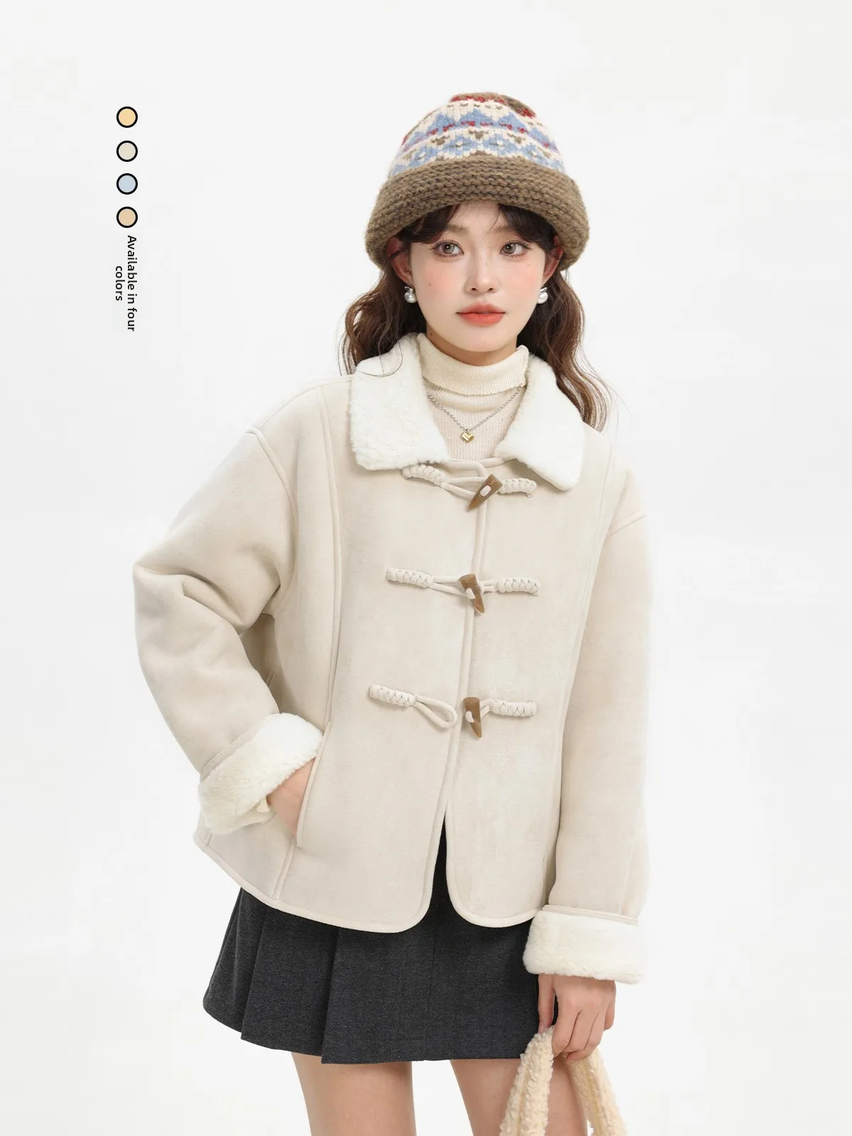 

Loose Korean Sle ort Lamb Fur Suede Jaet with Horn Buttons Winter Coat for Women Commute Sle Fce Lined Pure Color