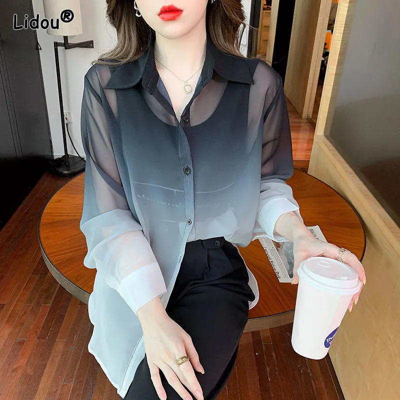 

Thin Blended Polo-Neck Solid Sexy Women's Clothing 2022 New Popularity Slim Summer Single Breasted Shirts Korean Lightly Cooked