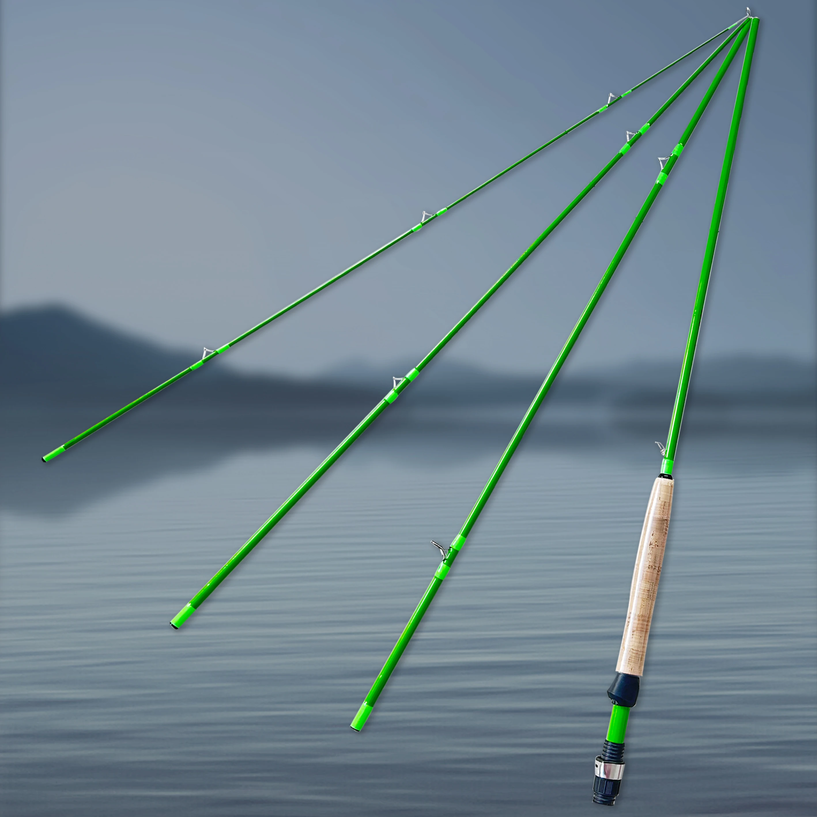

Carbon Fiber and Glass Composite Fly Fishing Rod 2.7m Four Sections Overall Green Body Cork Handle Titanium Alloy Metal Guide Rings Suitable for Fishing in Various Waters
