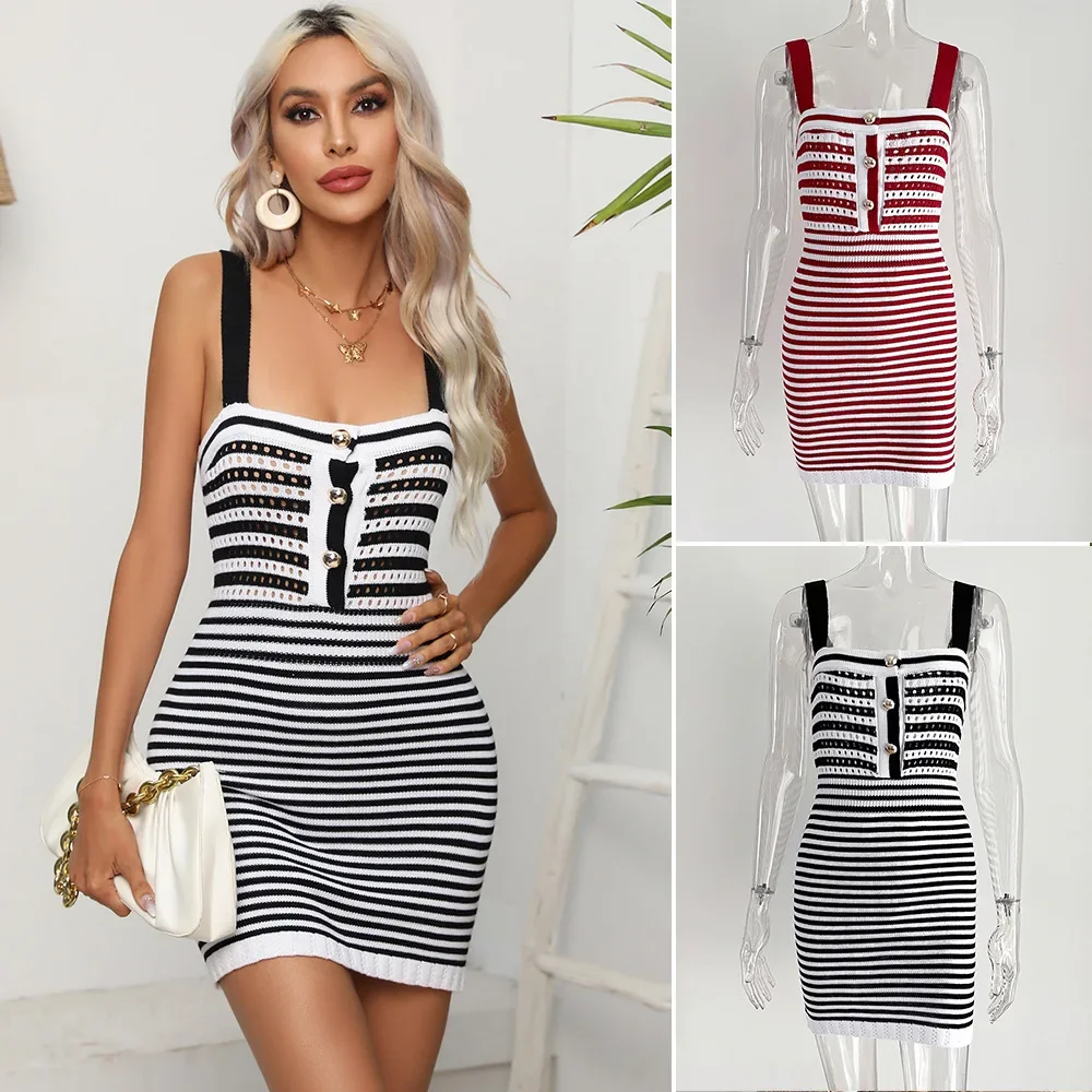 Abito estivo da donna con scollo all'americana 2025 con bottoni ritagliati Strisce Abito slim fit a linea per donna Abito da ragazza con borsa Spice lavorato a maglia