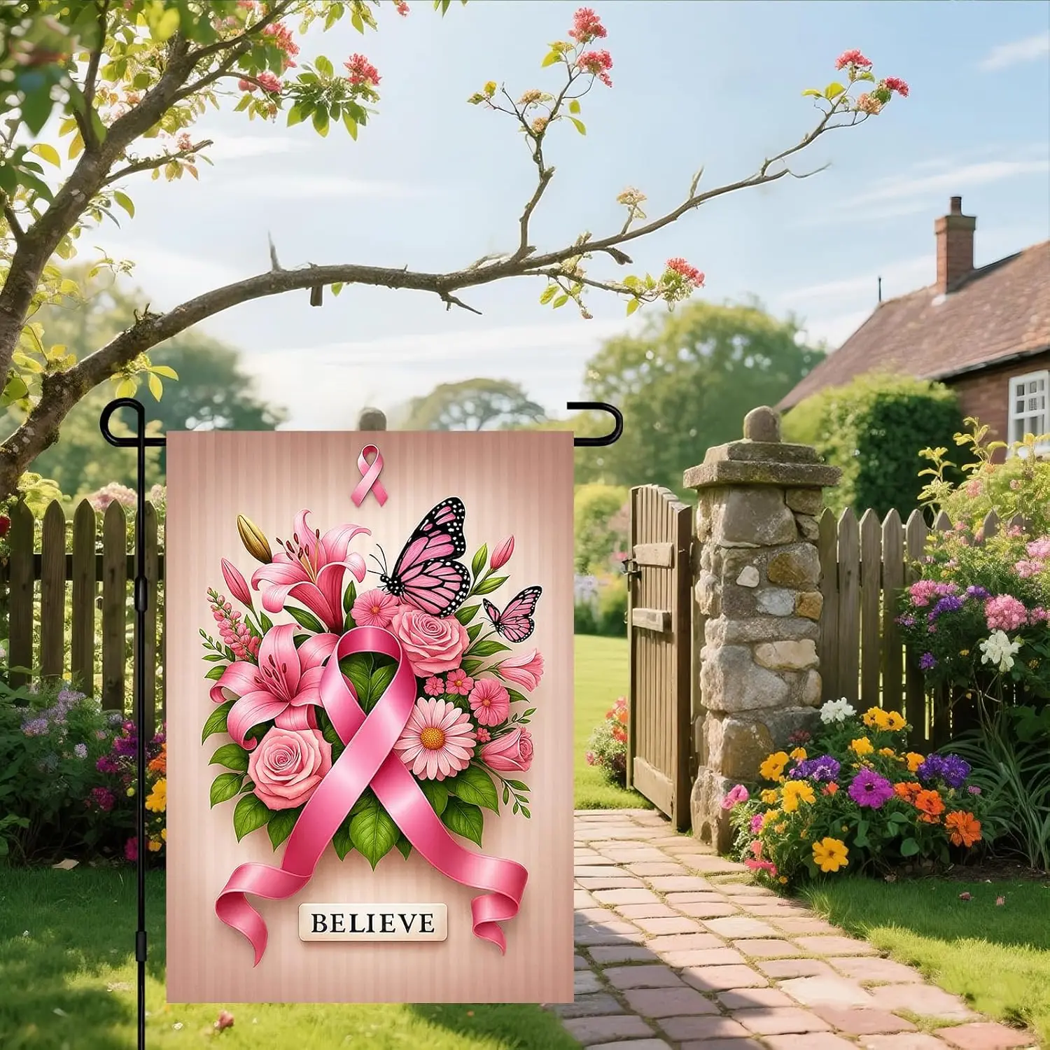 IVN Floral Garden Flag Pink Ribbon With Roses Lilies Butterflies And Believe Text For Breast Cancer Awareness 12x18 Inch Dou GGX