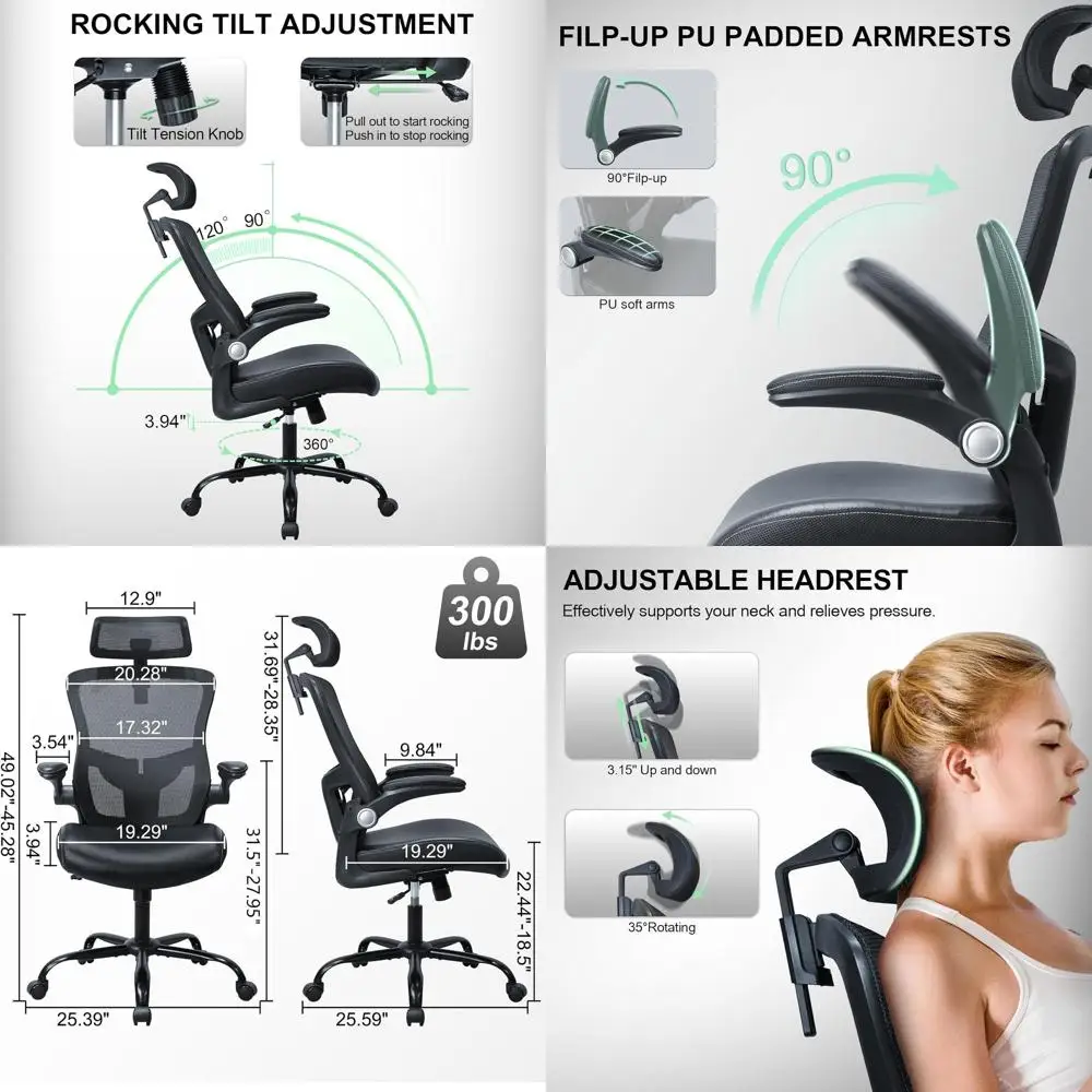 

Black High-Back Mesh Office Chair with Adjustable Lumbar & Headrest Support and Flip-Up Armrests