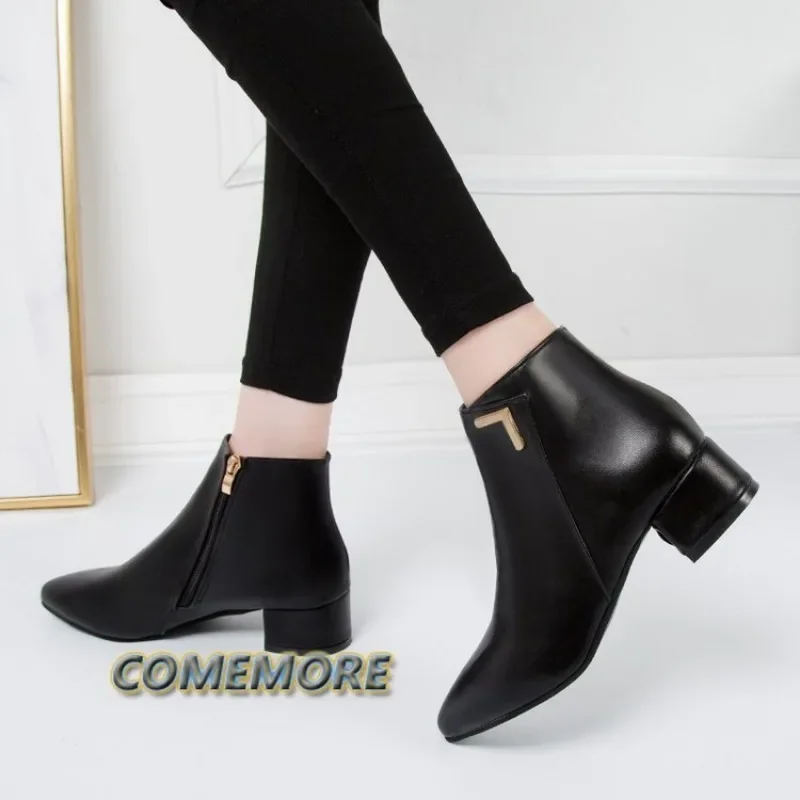 Thick High Heel Boots Square Toe Winter Chelsea Boots Women Ankle Boots Zipper Ladies Autumn Shoes Beige Black Red Size 35-42 PU