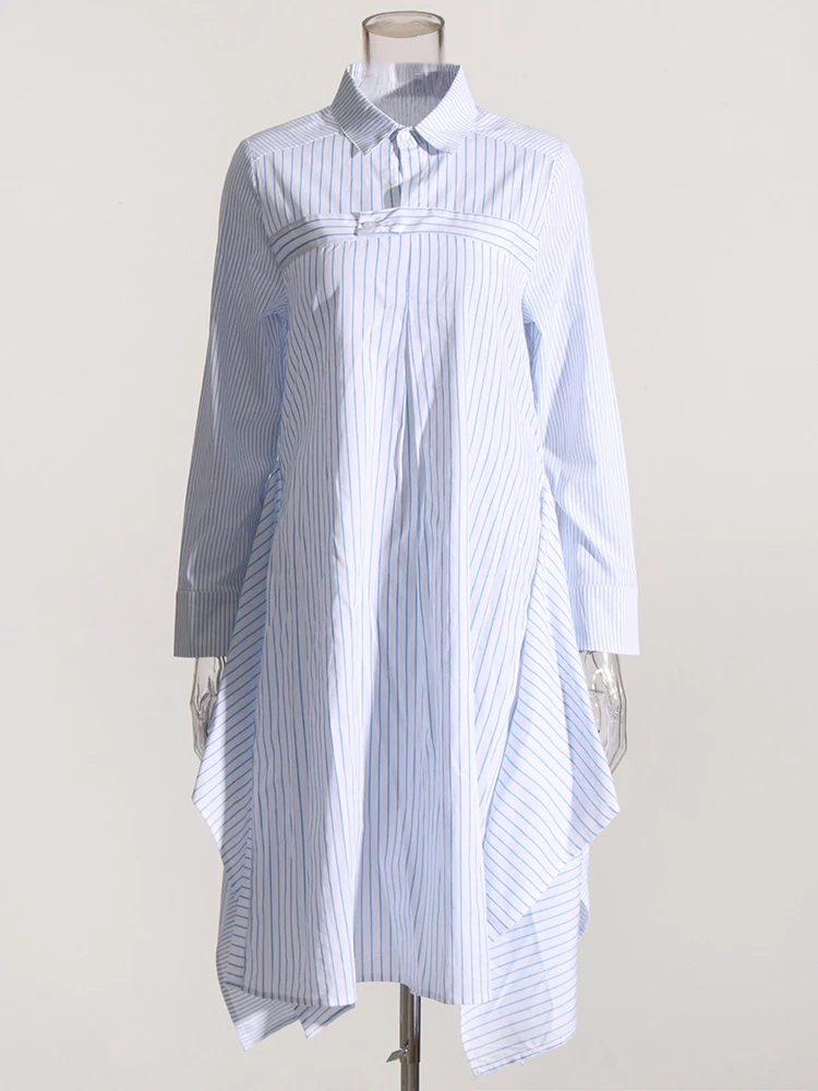 TWOTWINSTYLE Loose Dresses For Women Lapel Long Sleeve High Waist Colorblock Striped Minimalist Dress Female Fashion Clothing