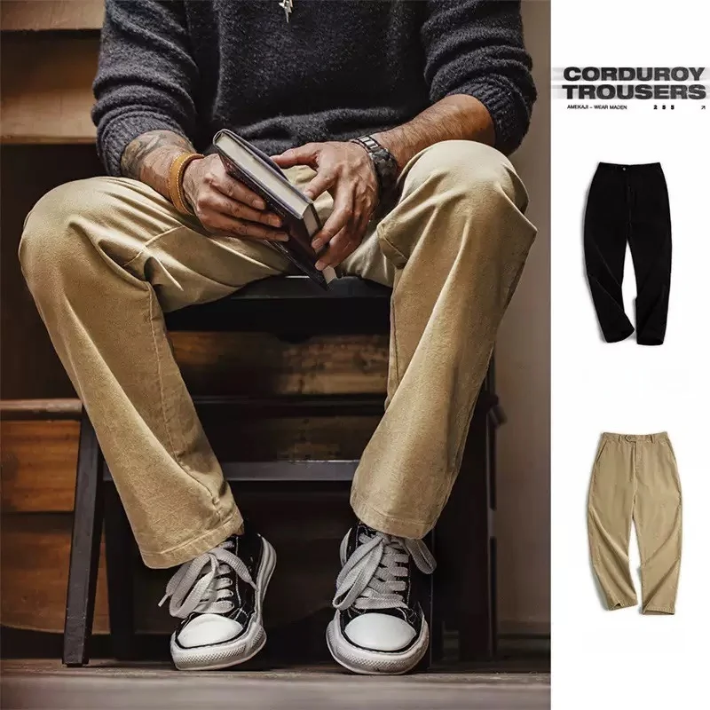 

Maden Casual Khaki Corduroy Straight Leg Men's Workwear Pants Retro American Sle Breathable Thiened Autumn Long Trousers