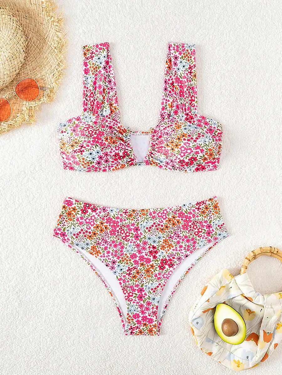 Swim Mod Spring Break Women Summer New Random Printed Multi-Color V-Neck Adjustable Strap Sweet Ditsy Floral Pattern Bikini Set