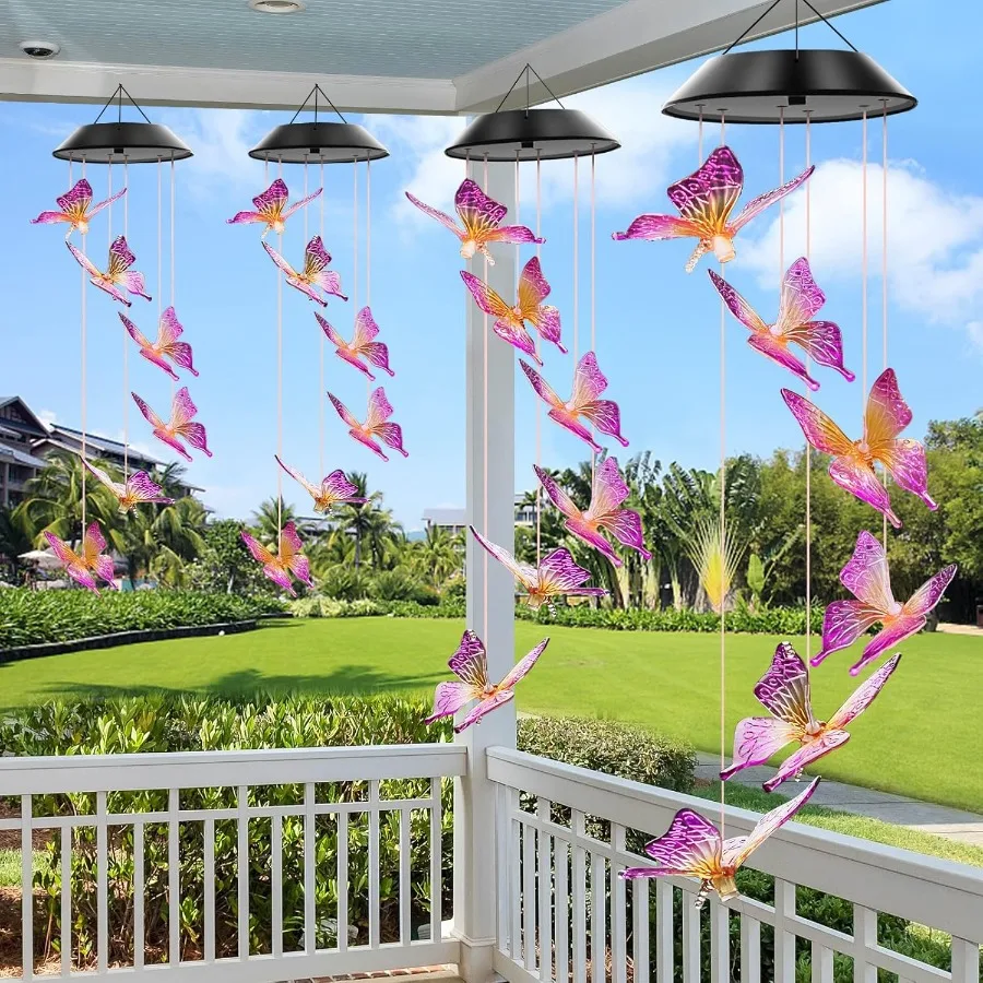 Purple Butterfly Solar Wind Chimes Color Changing Lights Outdoor Best Gifts for Mom Grandma Women Wife Aunt Sister Unique Mobil