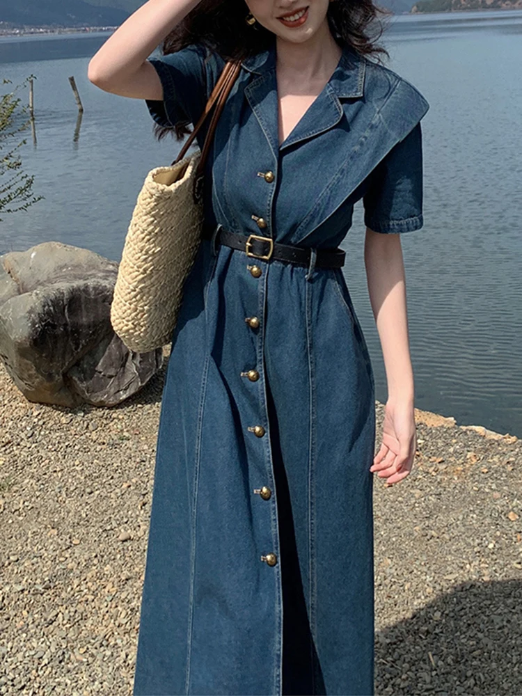 Vintage Notched Collar Short Sleeve Summer Jeans Dress Women Elegant Single-Breasted Pocket Denim Mid-Length Dress Female 2023