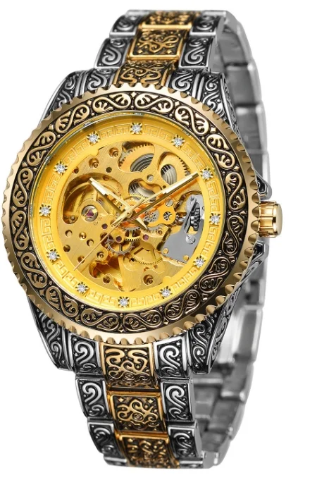 Casual Men\'s Luxury Watch Hollowed Out Retro Carved Automatic Mechanical Watch Business Butterfly Double Button Machinery Watch