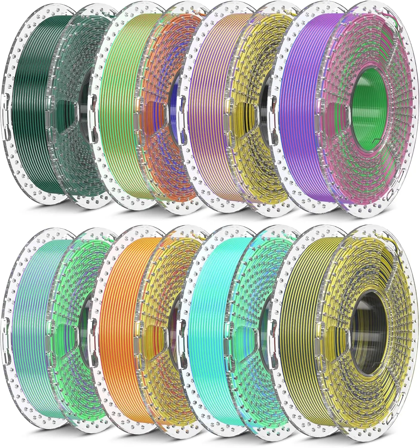 

250g Dual & Triple Color PLA Silk 3D Printer Filament Bundle, 1.75mm Multicolor, Vacuum Packed Spools, 8 Rolls Total