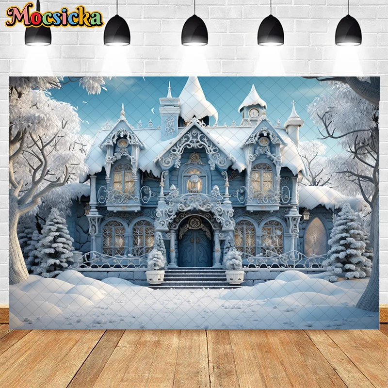 Mocsicka Winter Christmas Background Photography Castle House Snow Xmas Tree Kid Family Portrait Decor Backdrop Photo Studio