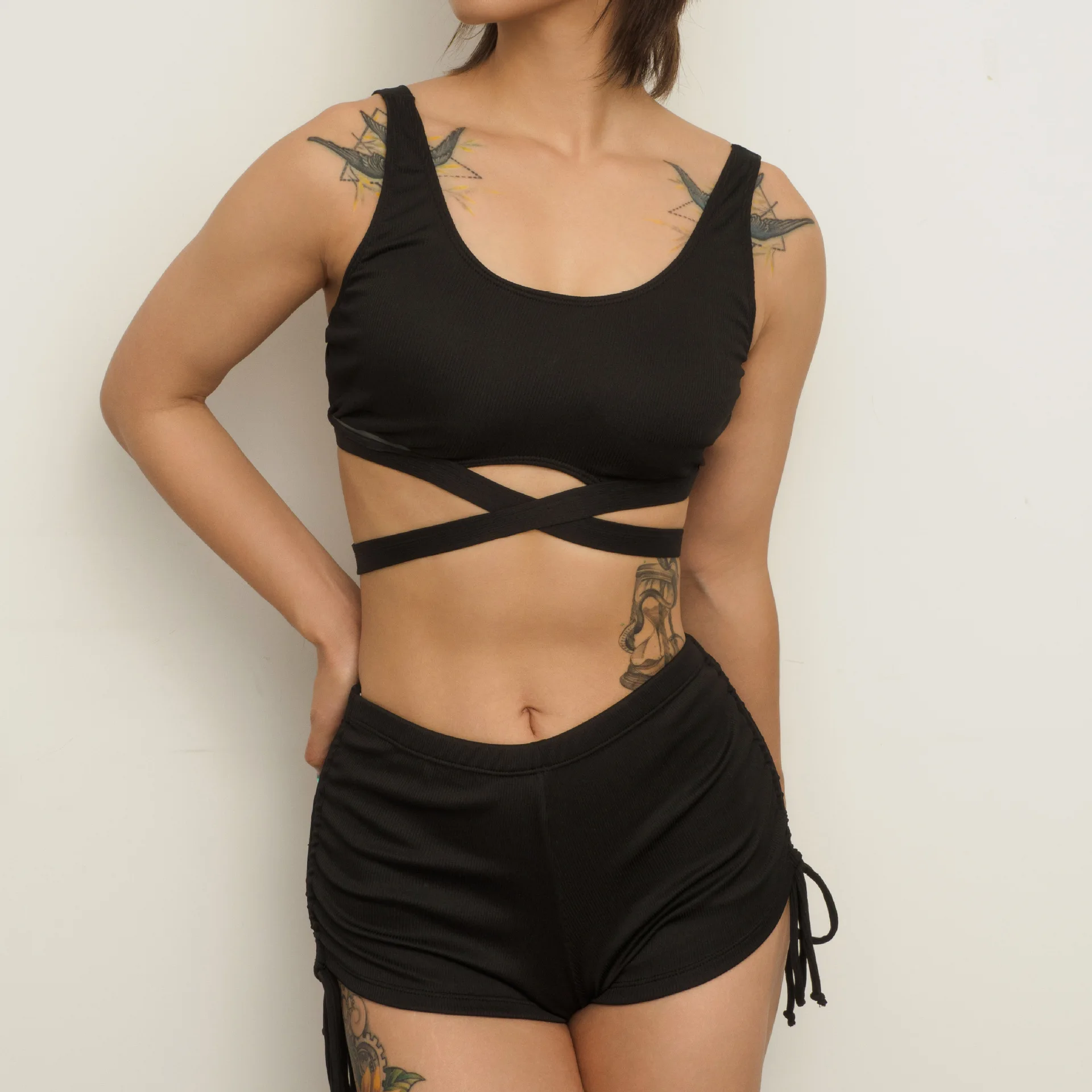 

Cikini Summer Beach Swimsuit Solid Hollow Out Bandeau Bikini Set With Ruched Detail Bathing Suit For Women