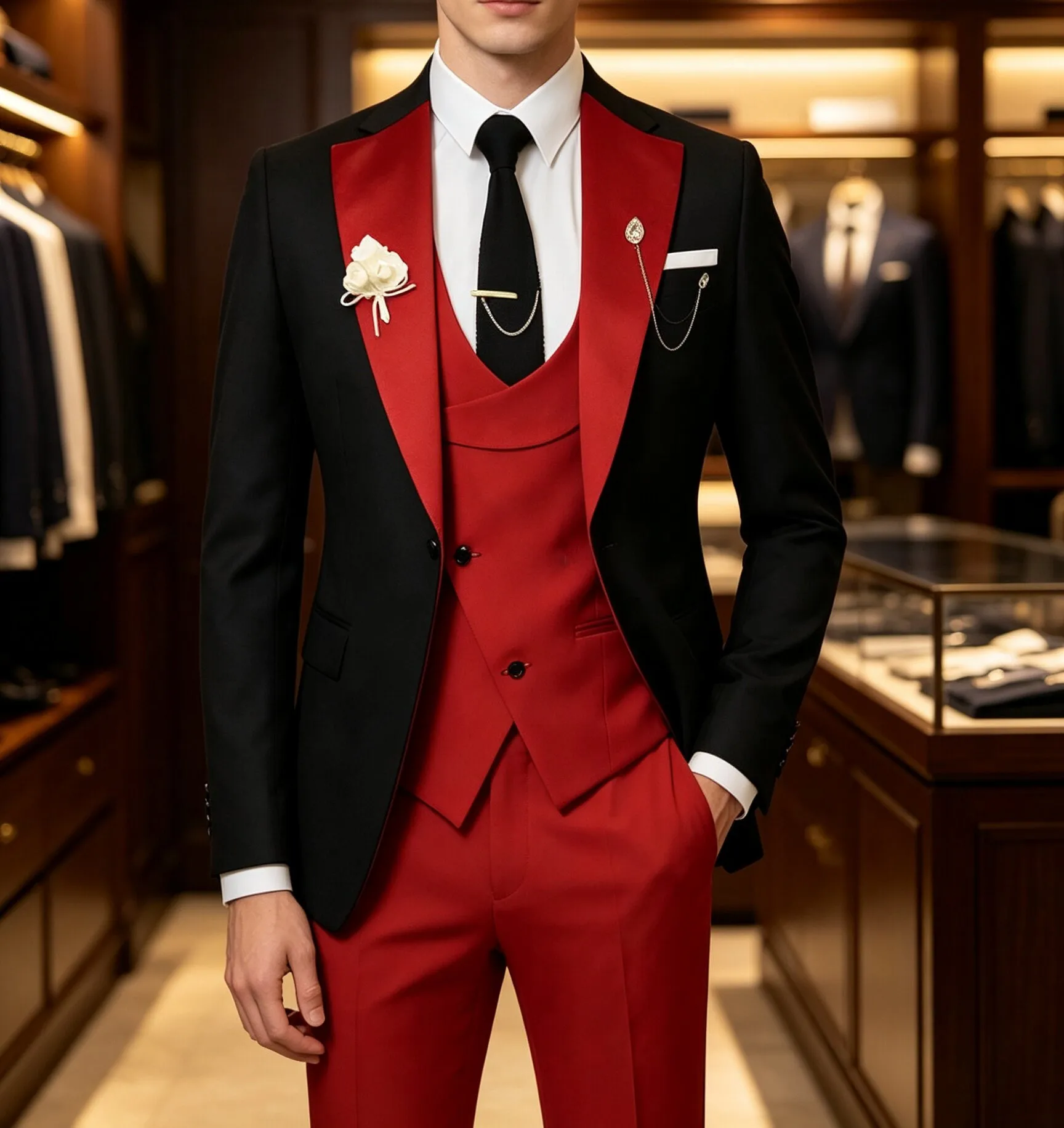 Herrenmode, lässiger 3-teiliger Anzug, Slim-Fit-Blazer, Weste, Hose, lange Hose, leicht, atmungsaktiv, für den Alltag, Reisen und Partys. – Detail 5
