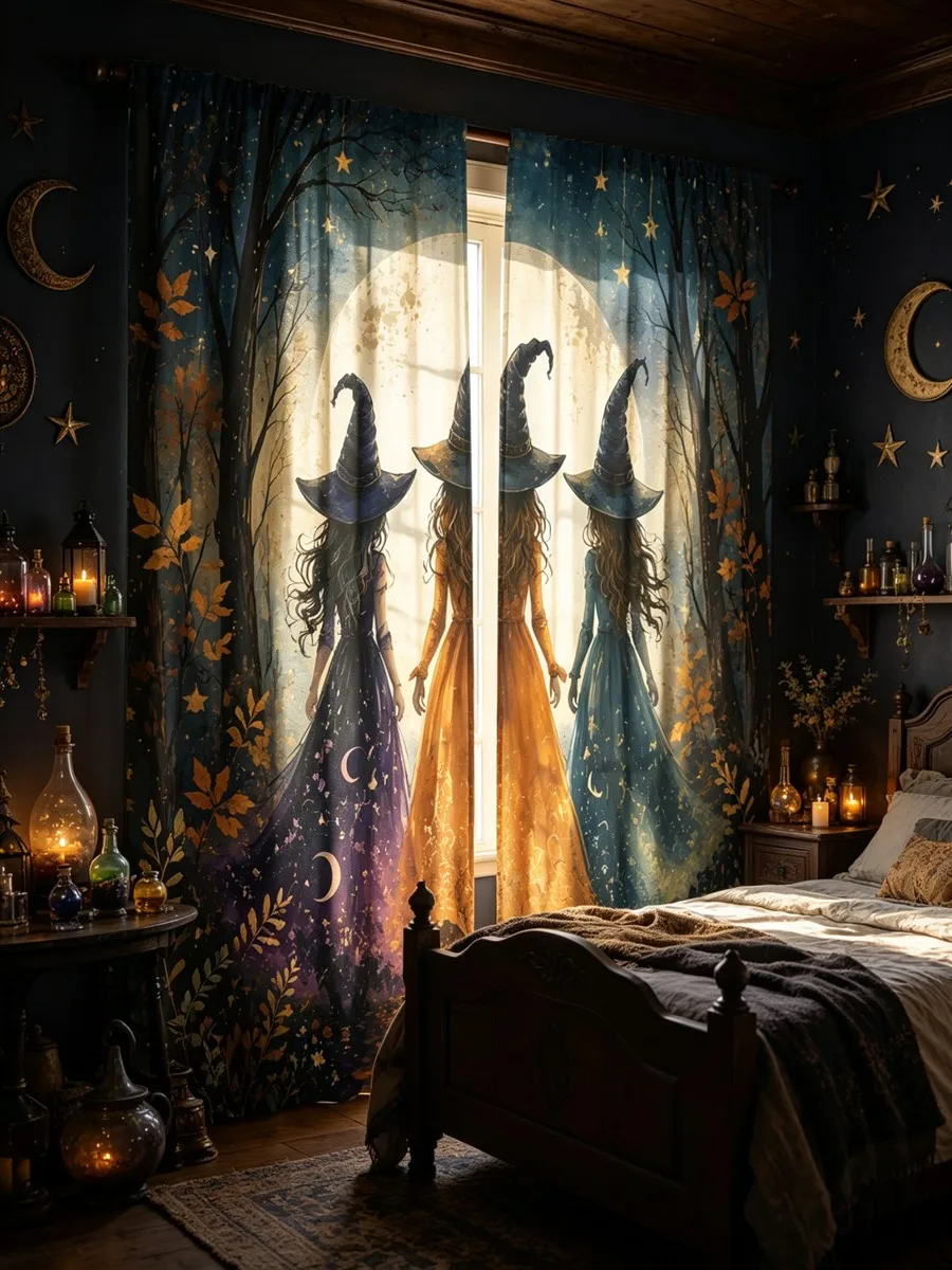 2PCS Halloween Digital Print Curtains, Three Witches Forest Moon, Magical Witchy Watercolor, Bedroom Living Room Home Decor