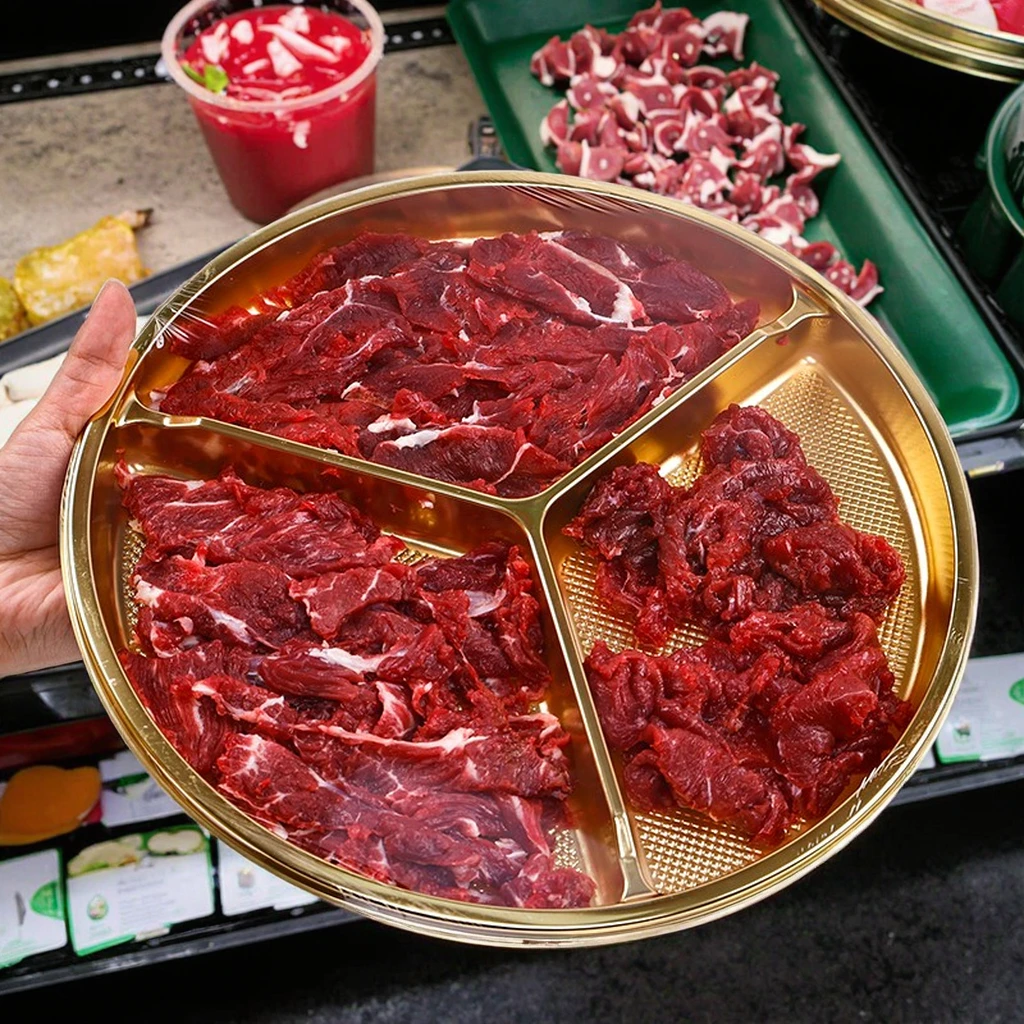 

Golden Fresh Supermarket Tray For Meat Three-Compartment Fan-Shaped Disposable Beef Roll Thickened PE Plastic Bread Salad Cake