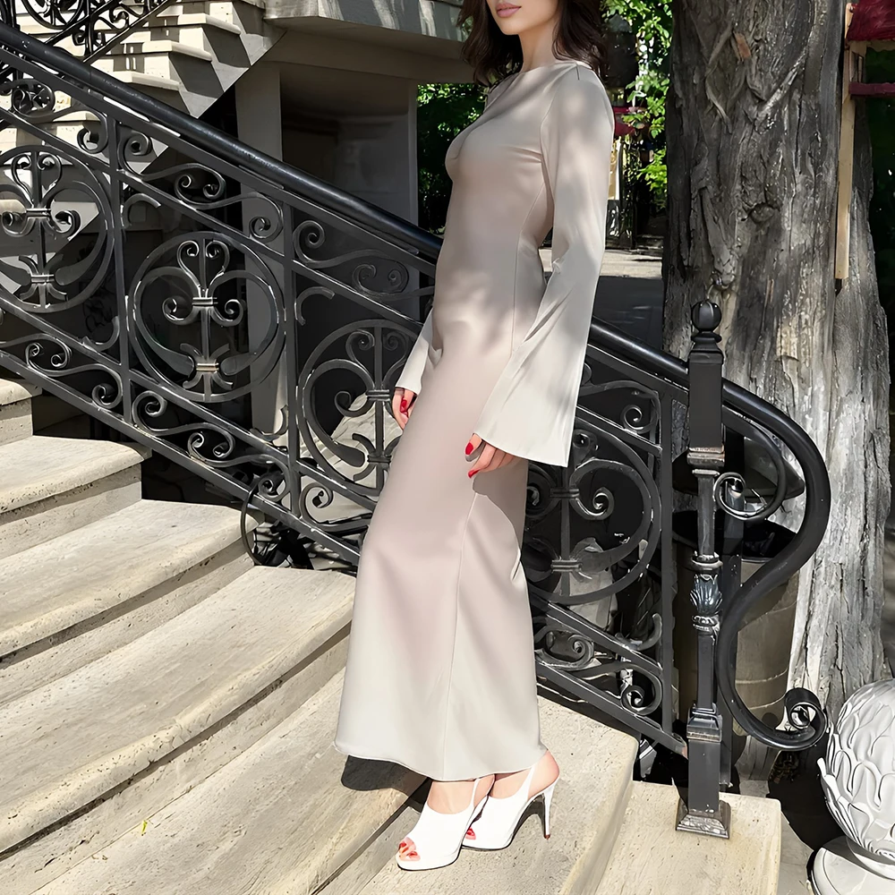 Elegant Pure Color Long-Sleeved French Dress round Neck Waist Design New European And American Style Women's Dress