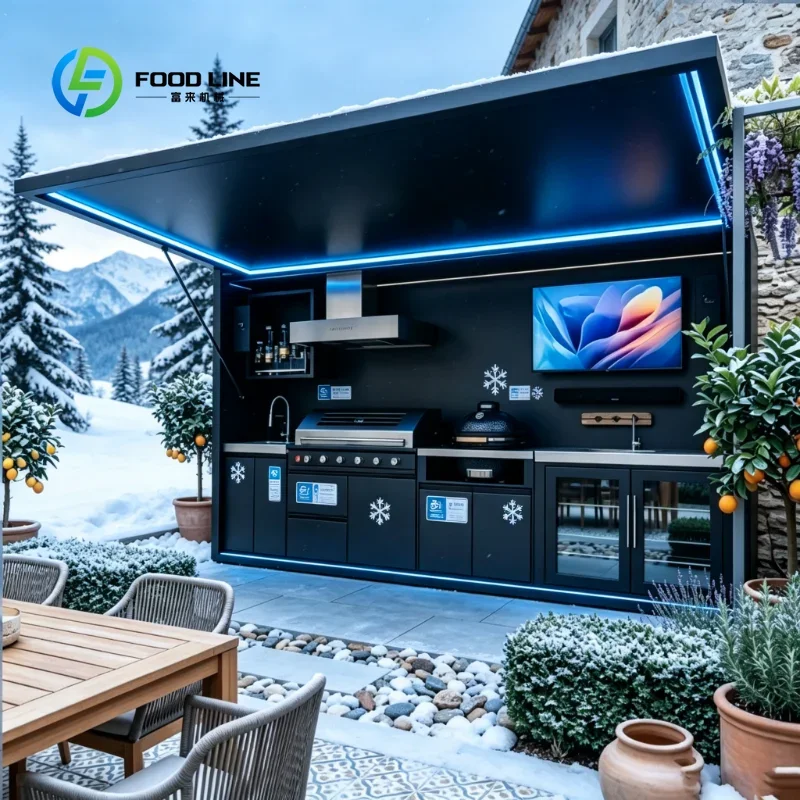 Integrated Stainless Steel Kitchen Station Custom Outdoor BBQ Pizza Oven Unit with Waterproof Windproof Pergola
