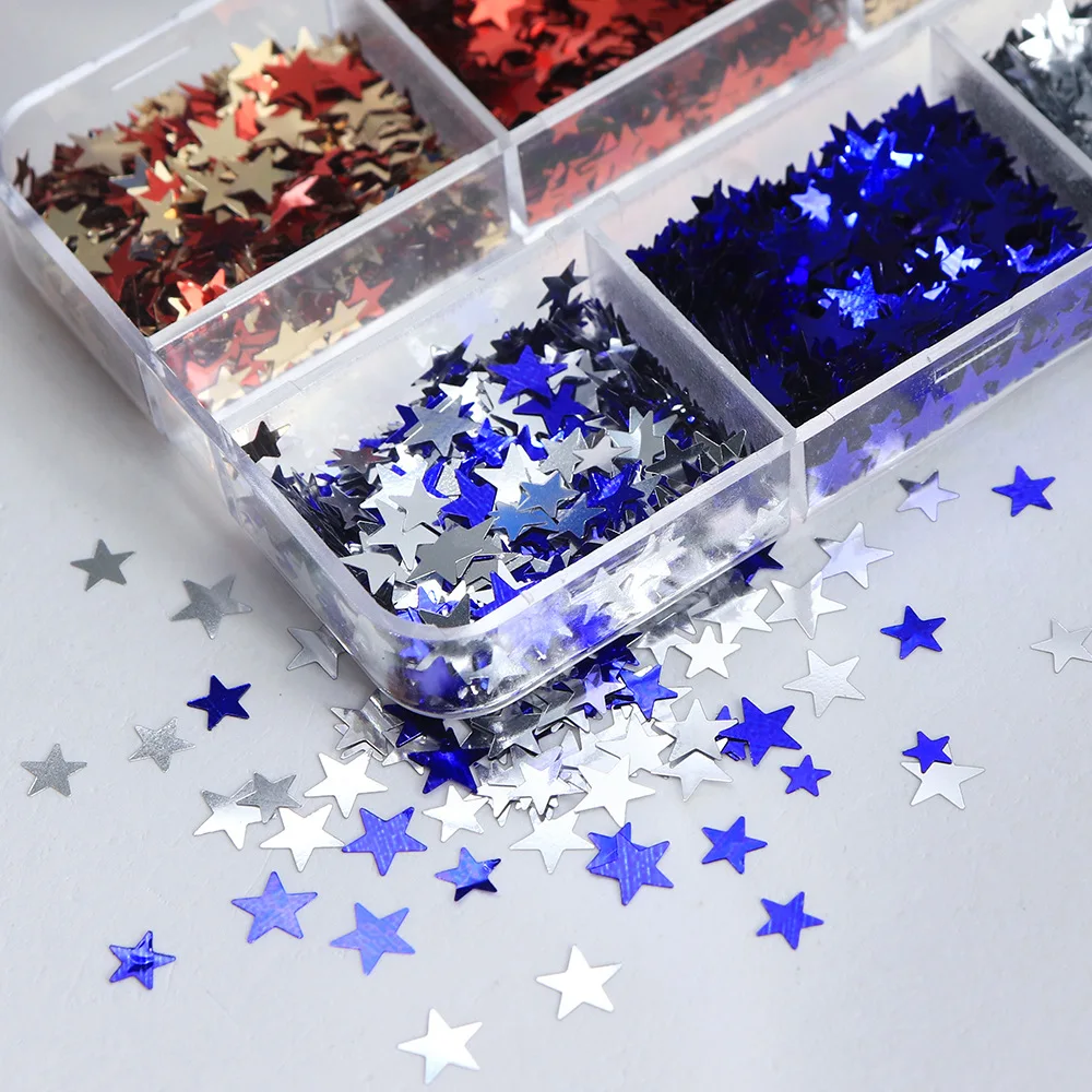 Kit glitter per unghie a stella a 6 slot – Paillettes a stella ultra scintillanti del Giorno dell'Indipendenza per unghie e nail art a pressione