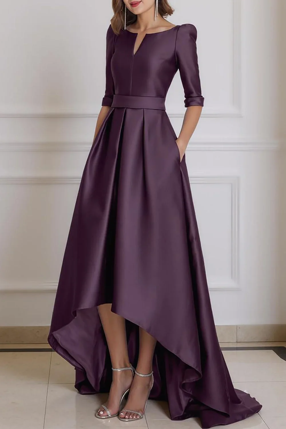 Vestidos de Noche Morados Personalizados con Cuello en V, Manga Media y Largos hasta el Suelo para Invitadas de Boda - Elegancia Chic