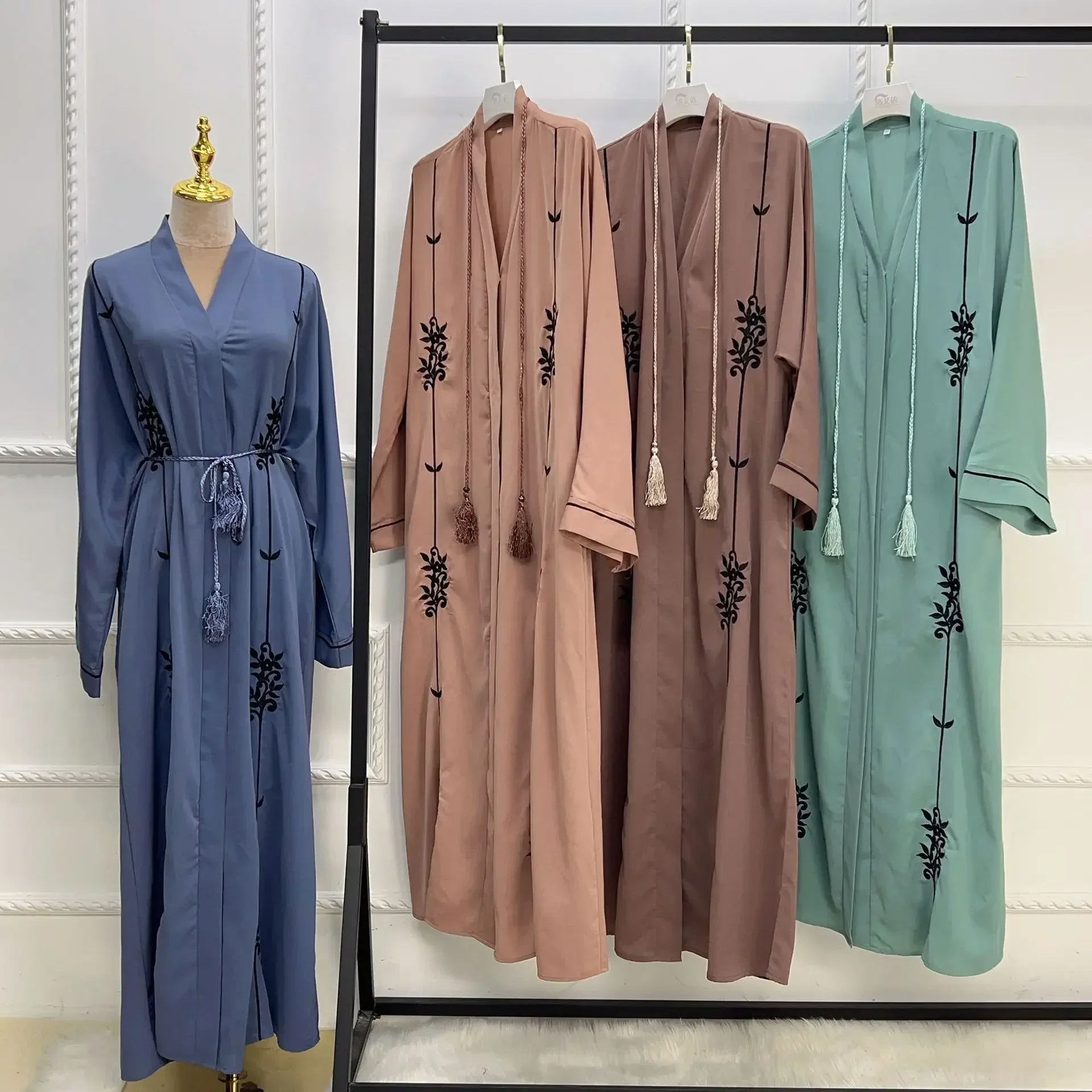 Mulher muçulmana quimono abaya bordado vestido árabe festa de verão kaftan aberto abayas para mulheres dubai turquia ramadan roupa islâmica