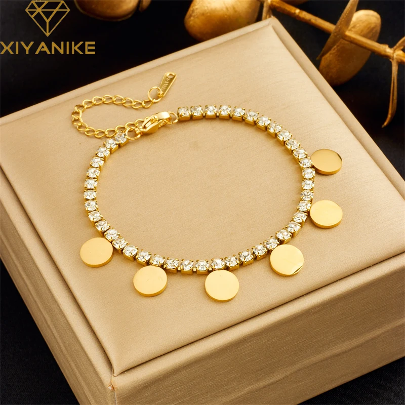 XIYANIKE 316L Stainless Steel Bracelet Golden Round Pendant New Arrival Accessories Zircon Chain for Women Charm Jewelry Pulsera