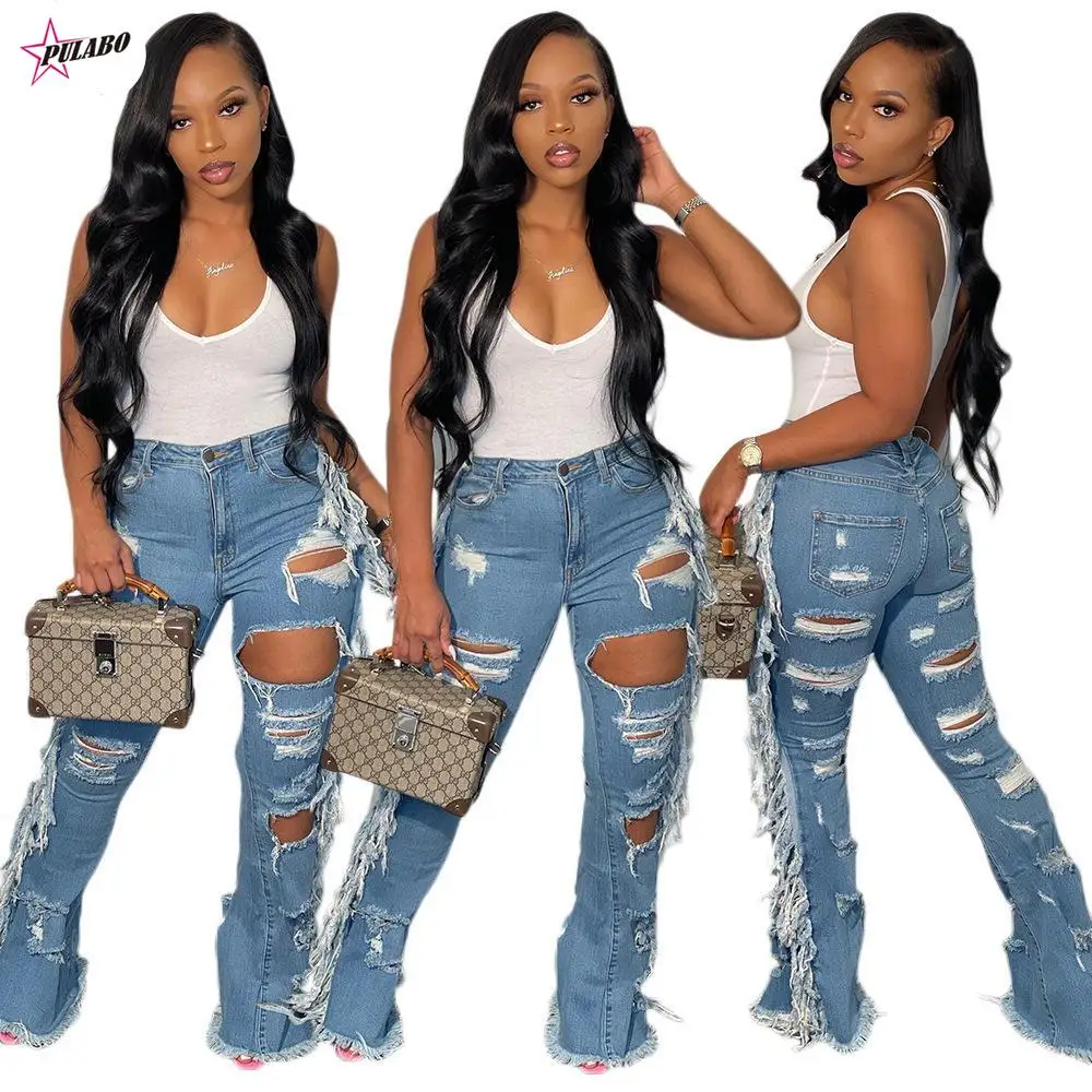 

Women Big Ruffles Distressed Holes Jeans Pants Button Fly Stretchy Fashion Casual Denim Trousers