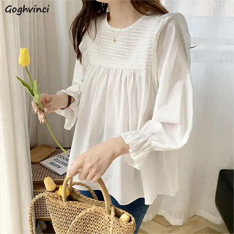 

Blouses Women Solid New Hot Sale Korean Style Kawaii Ruffles Design Loose All-match O-neck Simple Tender Girls Leisure Fashion