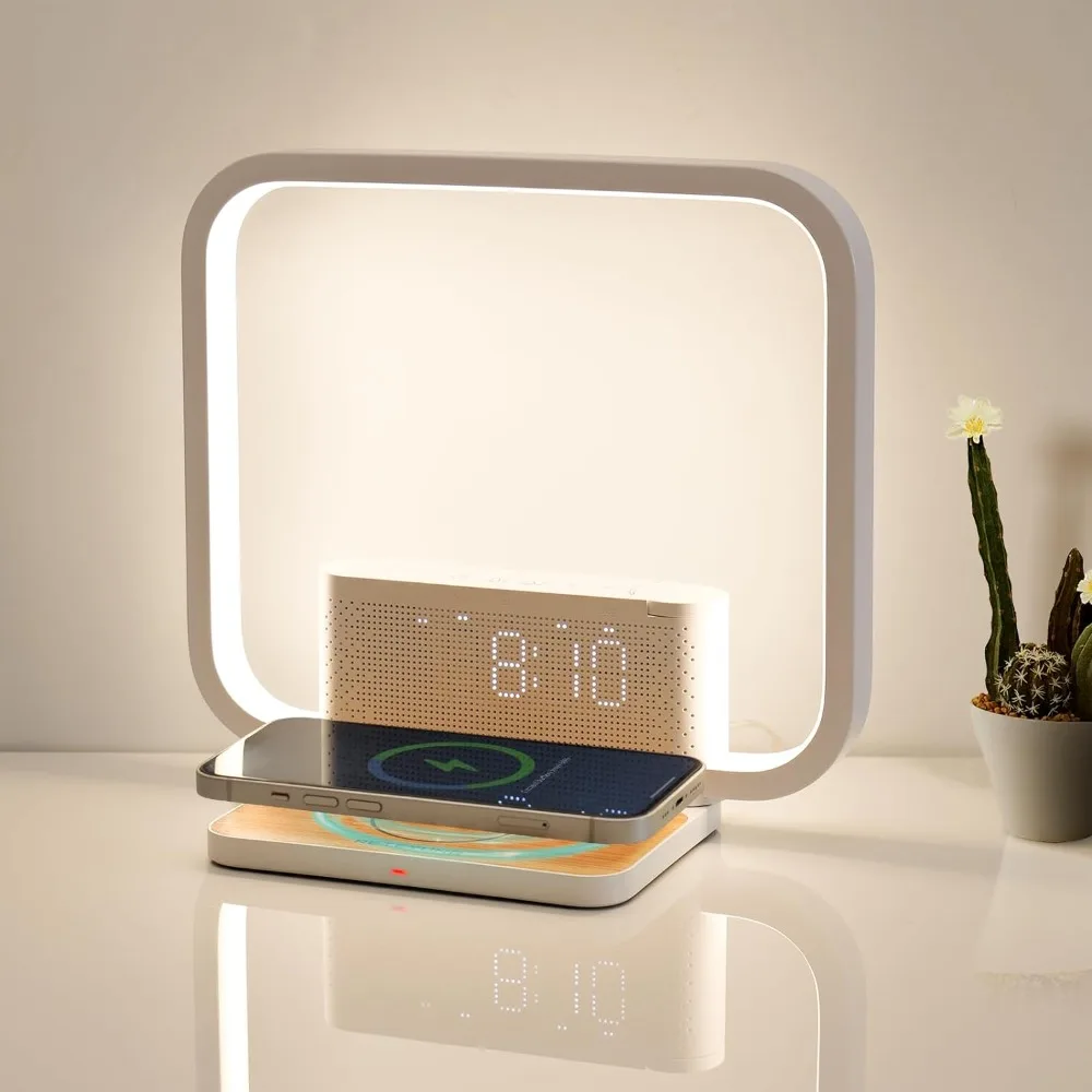 

XMSJ Dual Alarm Clock Bedside Table Lamp with Fast Wireless Charger ， Wake Up Light Touch Desk Lamp with Snooze