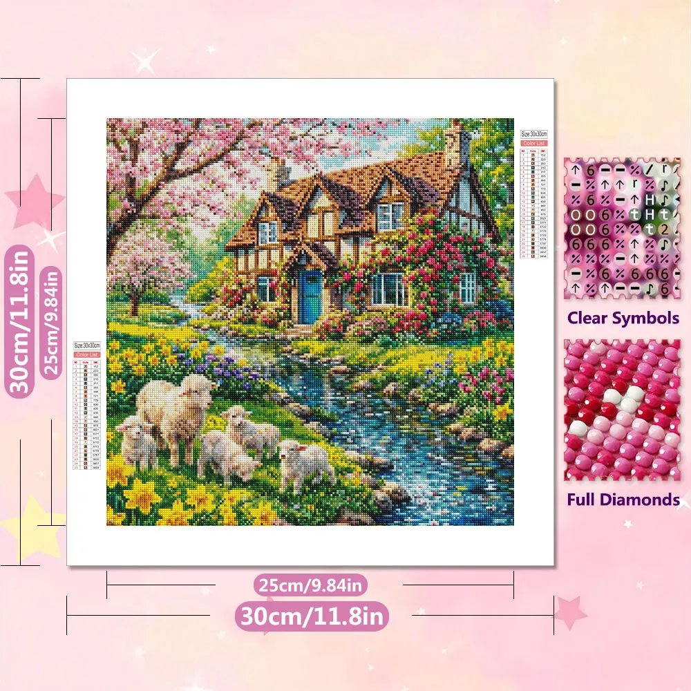 EverShine 5D DIY Diamond Painting Rural Wooden Houses Sheep Streams Diamond Mosaic Landscape Complete Kit Decorative paintings
